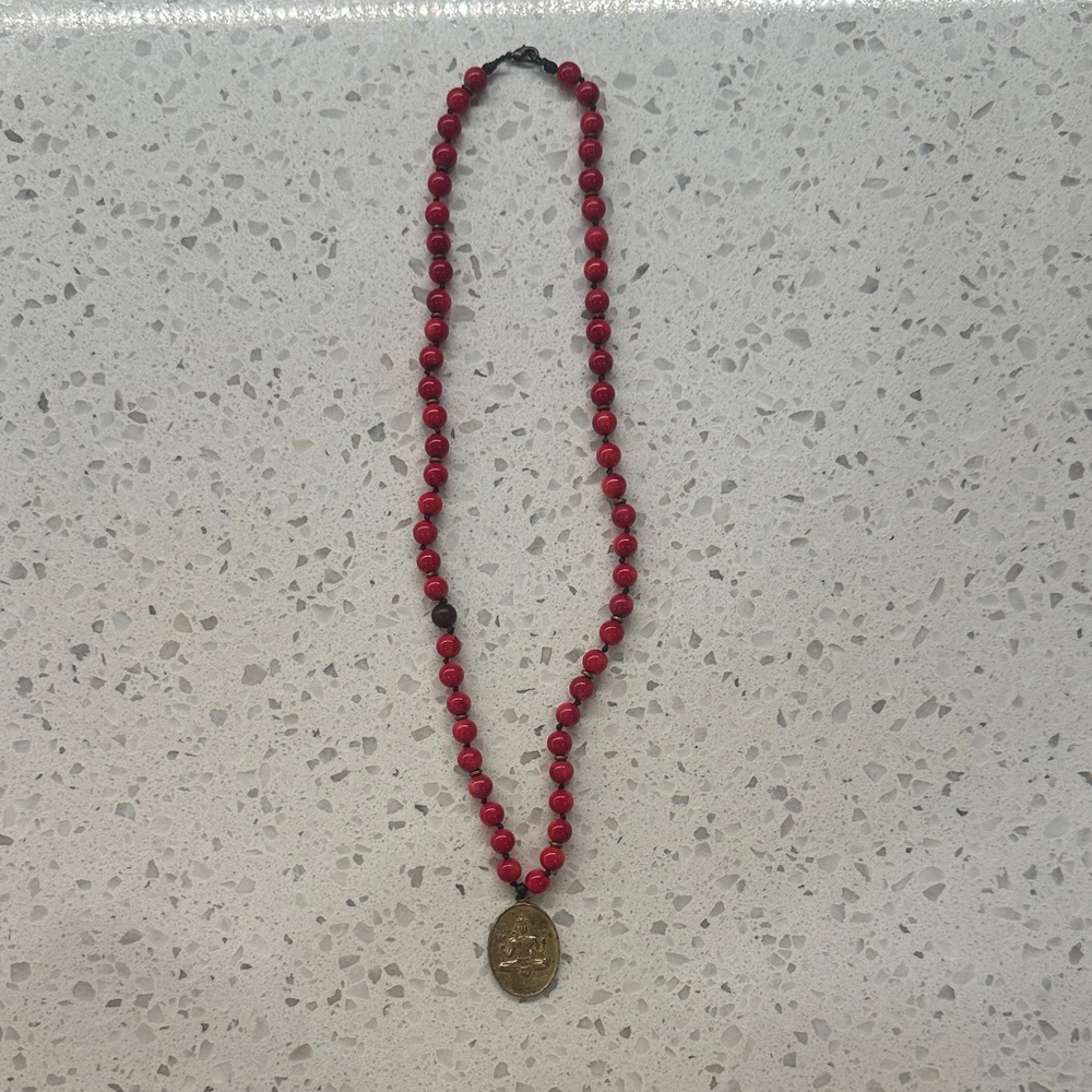 Mexico City Red Glass Bead Necklace with Brass  Pendant